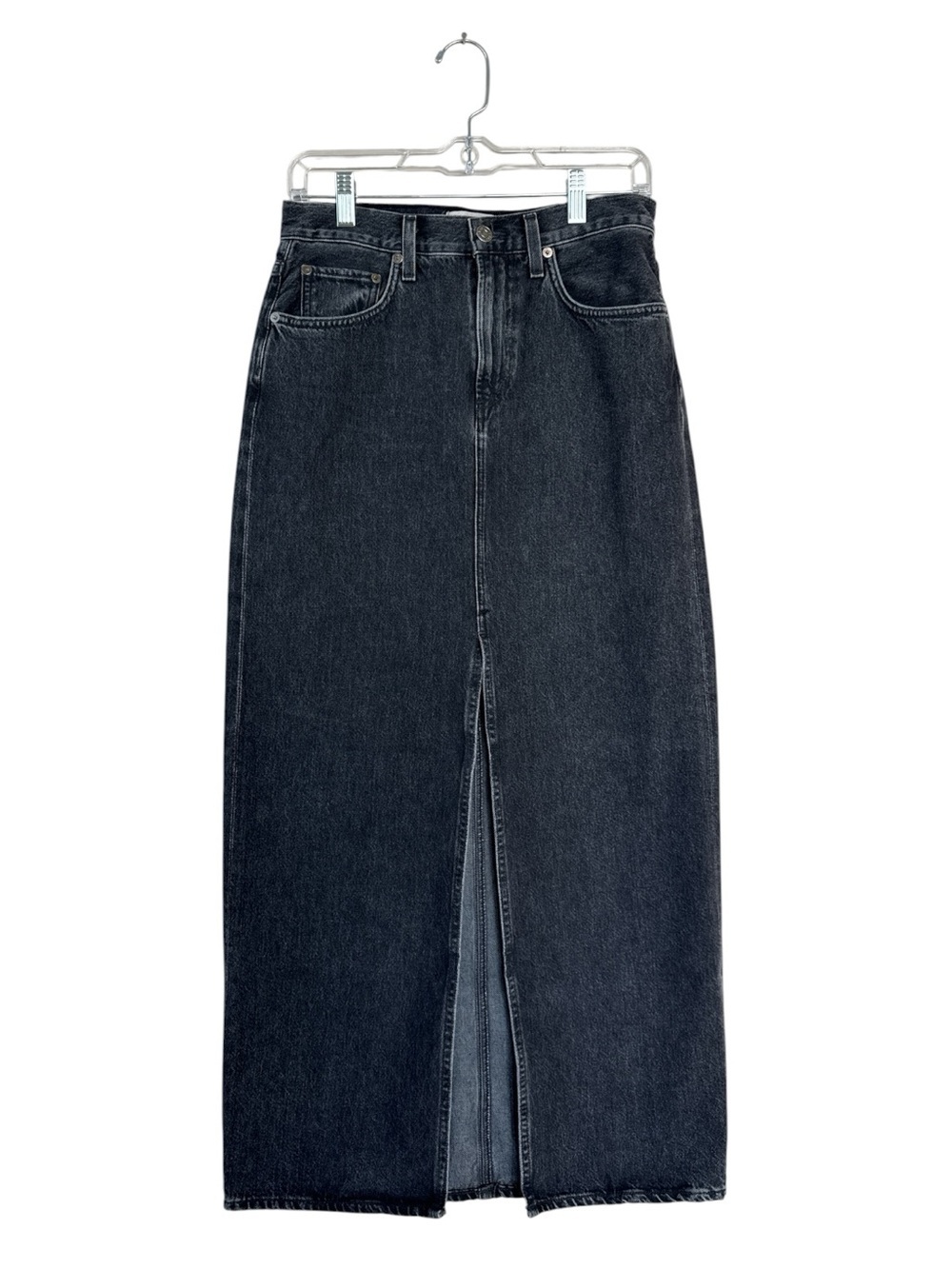 AGOLDE Leif Maxi Denim Skirt Black Wash Front Slit Size 23 Made in USA